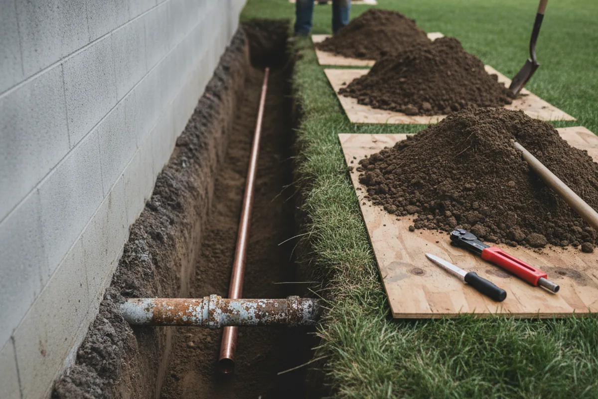 Excavated water line trench during Sewer Line Repair in Ellenwood